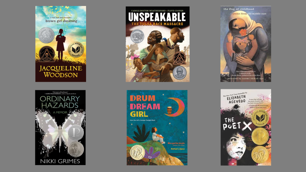 Covers of six books featuring themes of childhood, social issues, and poetry, including 'brown girl dreaming' by Jacqueline Woodson and 'The Poet X' by Elizabeth Acevedo.